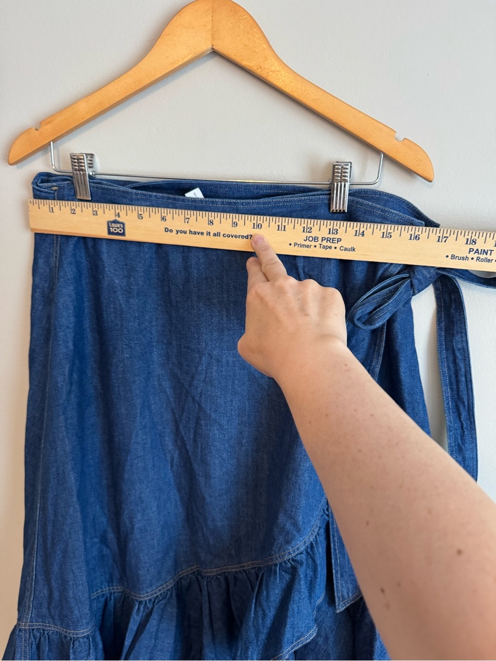 Polo Ralph Lauren Ruffled Chambray Wrap Skirt Blue Denim High-Low Size 12 euc - Picture 12 of 13